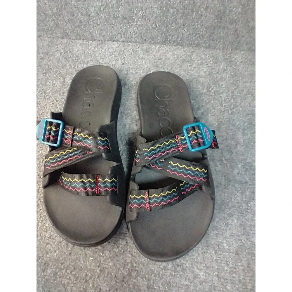 Chaco Chillos Slide Sandals Men 10 Black Multi Color Strap Adjustable Buckle